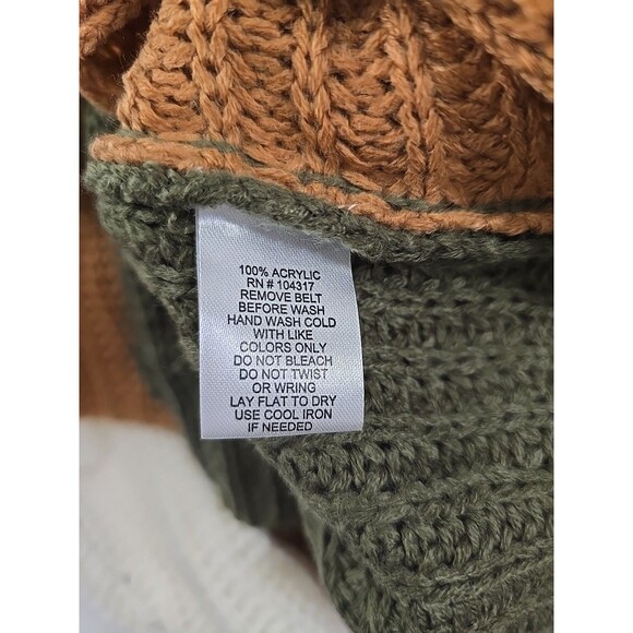 Chunky Knit Cream Tan Green Twist Crop Sweater Womens Lg Deep V Colorblock Boho - Picture 6 of 6